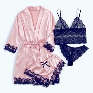Silky lace robe w/ lingerie set